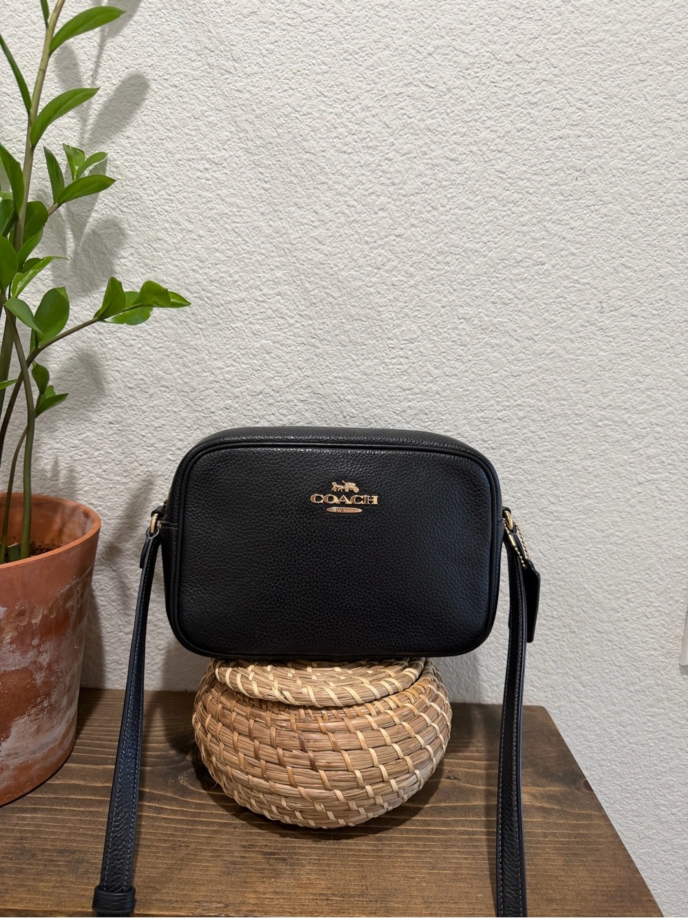 Coach Camera Black Pebbled Leather Crossbody with Gold Logo